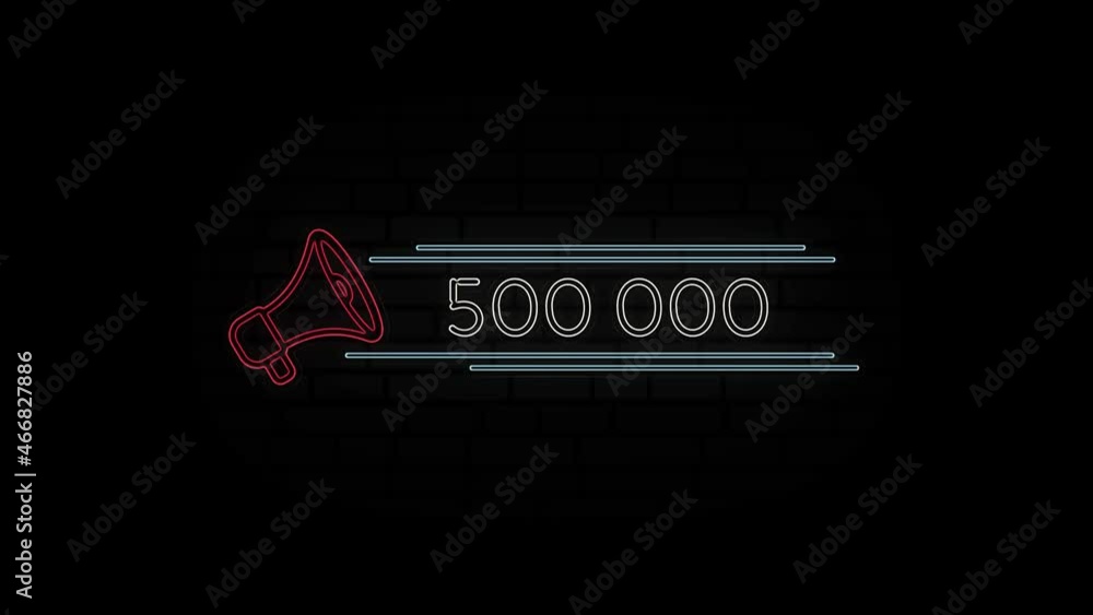 Aufkleber glowing neon line megaphone icon with number 500k isolated on black background. 500000 subscribers. 