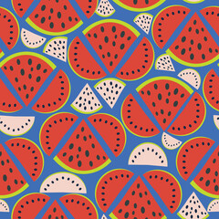 Blue with half and quarter watermelon slices with black seeds seamless pattern background design.