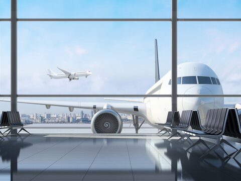 Modern interior of the airport terminal with large glass windows and a passenger plane behind it. 3D rendering.