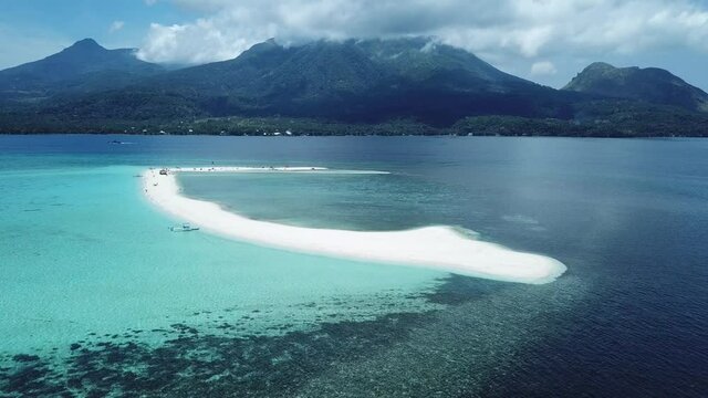 Amazing Drone Shot of Camiguin Island Camiguin Northern Mindanao Philippines, Tropical Country, Sandbar, View of the sea and Mountains, Blue Sky, Active Volcano Island, Beach