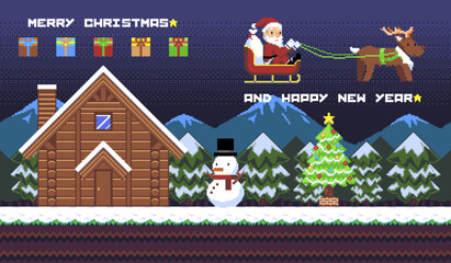 Christmas pixel art vector illustration of background, Santa Claus, reindeer, Christmas tree, hut, forest, snowman, gift box