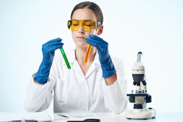female doctor chemical solutions biologist research study isolated background