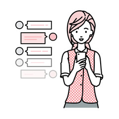 立ってスマートフォンで楽しくチャットで会話する事務員制服の女性