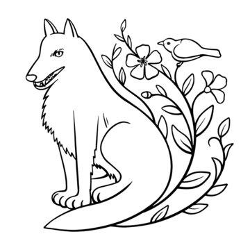 Cute cartoon wolf sitting near the blooming shrub with little bird on the branch. Vector zentangl coloring antistress book. Black and white.