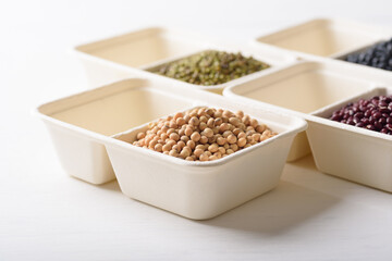 Soybeans in compostable cardboard boxes are eco-friendly concepts and are mainly used as a plant-based ingredient in vegetarian, healthy food.