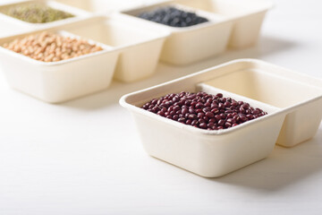 Azuki bean in compostable cardboard boxes are eco-friendly concepts and are mainly used as a plant-based ingredient in vegetarian, healthy food.
