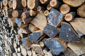 Wooden logs piled up into a stack,in the countryside of Durmitor,Montenegro.