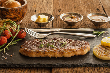 beef picanha steak on stone plate with sauce and bread and butter