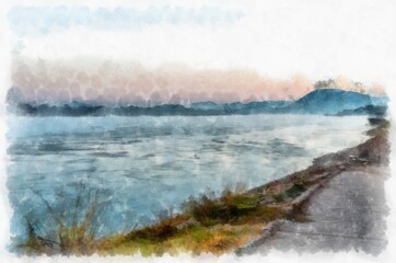 The landscape of the Mekong River Thailand watercolor style illustration impressionist painting.