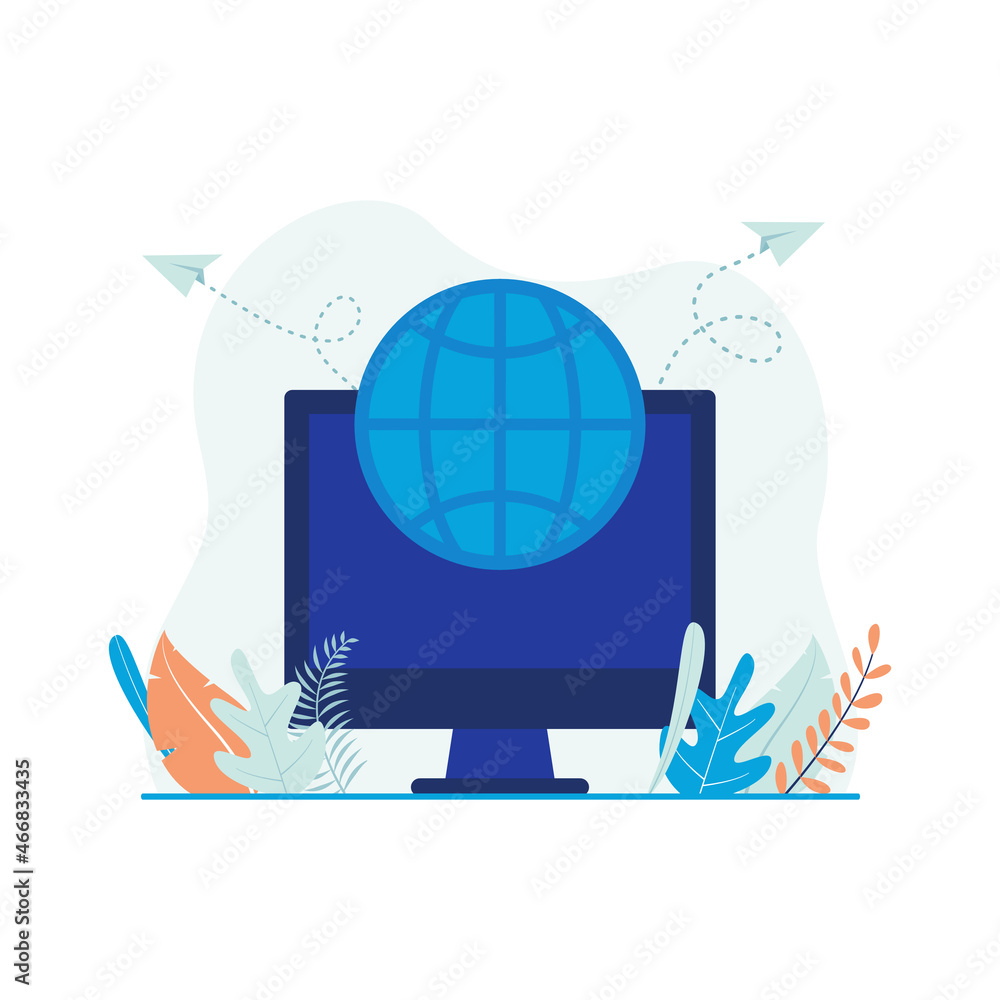 Aufkleber internet connection, world wide web vector illustration concept. computer with globe icon.