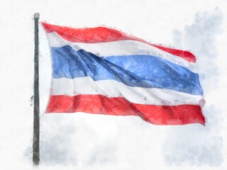 Thai flag on the flagpole watercolor style illustration impressionist painting.