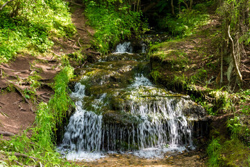 Picturesque natural monument, small waterfall on a forest stream