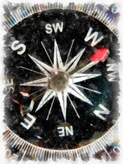 black compass watercolor style illustration impressionist painting.