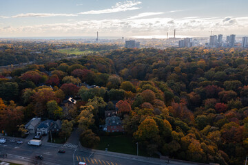  Drone Toronto fall treetops right before the city fall colours 