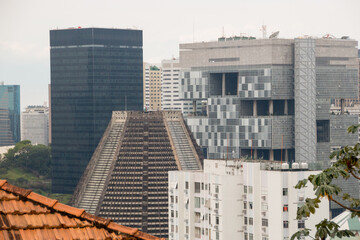 buildings in the center of Rio de Janeiro seen from the top of the Santa Teresa neighborhood in Brazil.