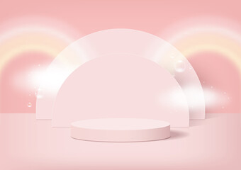 Stage podium decorated with rainbows, clouds, bubbles. 3d pedestal summer scene or platform for product display on light pink background. Vector illustration.
