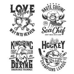 Obraz premium T shirt prints, sport club league, heart, ice hockey and boxing, vector. Fighting club team and champion tee apparel, broken heart tattoo, cuisine chef crab, angry rooster and hockey puck with teeth
