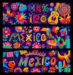 Mexican banners, cartoon sombrero, guitars, parrot and toucan, flowers and cactus, vector. Mexican pattern and alebrije art decor with papel picado flags, poncho and floral ornaments of Mexico fiesta