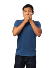 young man covers his mouth with his hands, dark skin, Hispanic, Mexican, Latino, with Chinese hair wearing blueshirt and jeans