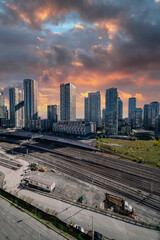 Toronto sunset apartment buildings and trainyard 9x16 for Facebook and Instagram stories  