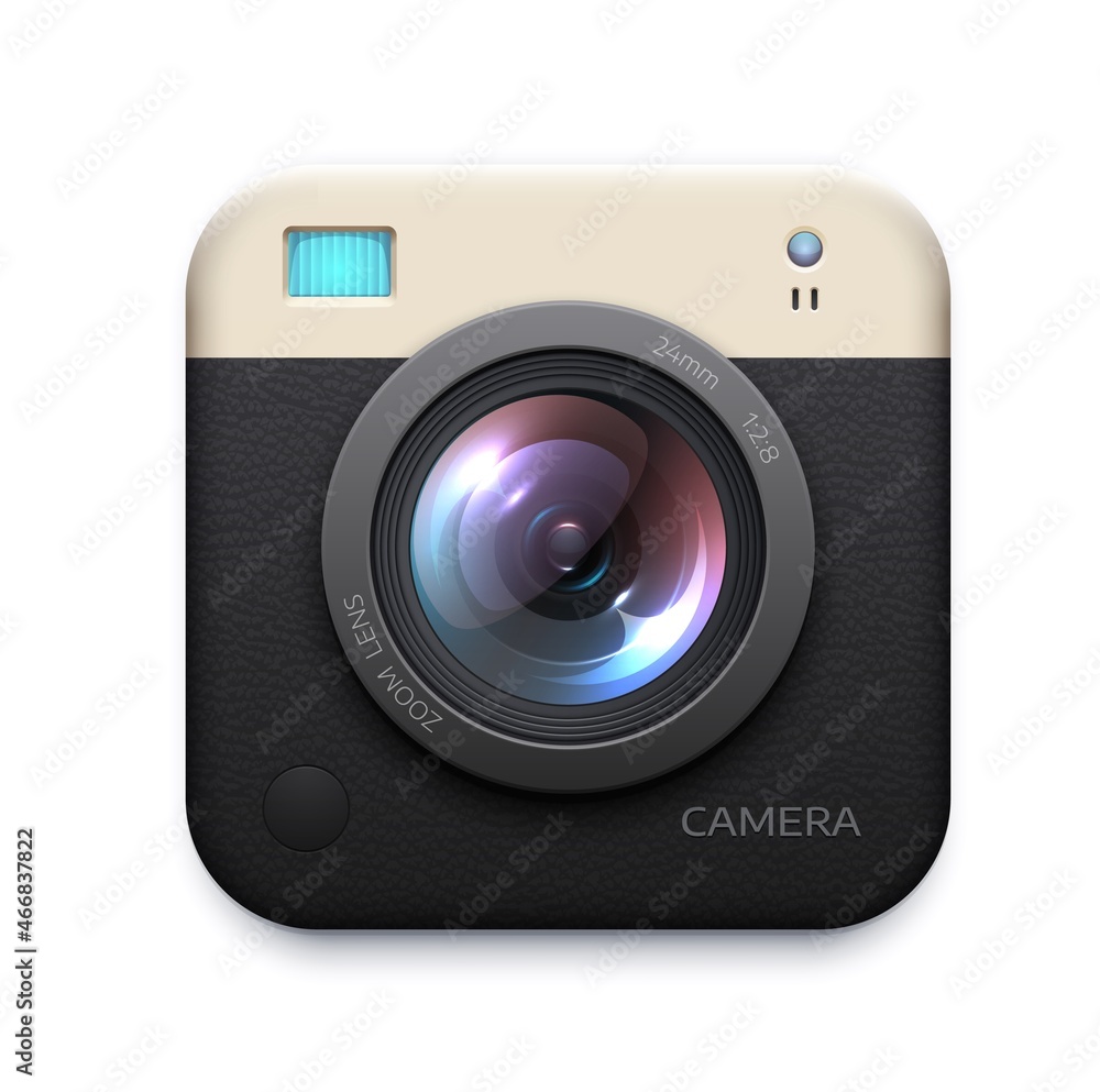 Poster Digital photo camera application icon. Isolated realistic vector social media button. Zoom, snapshot, photocamera graphic element, icon or button of user interface, 3d lens web application