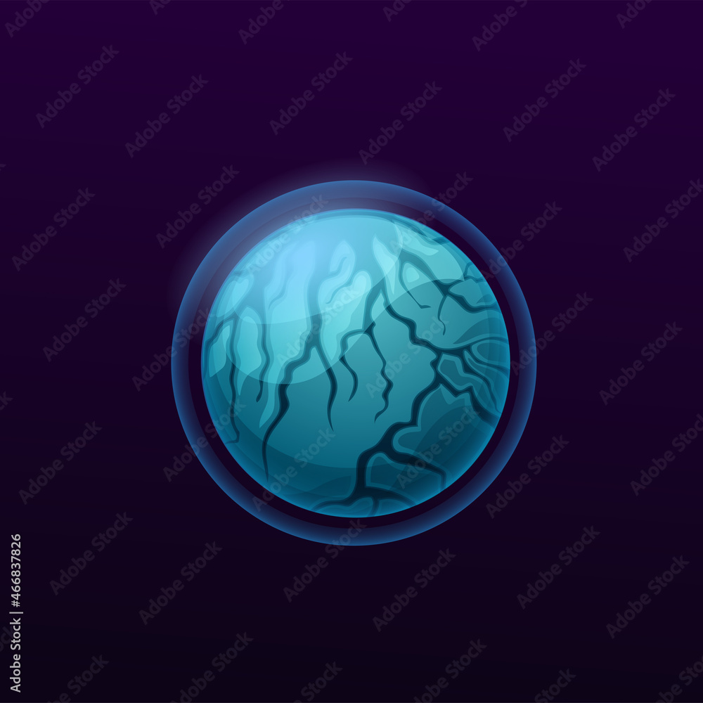 Poster blue space planet with atmosphere game ui icon. alien galaxy system planet, cartoon vector fantasy w