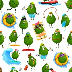 Avocado cartoon characters seamless pattern, vector background. Kids pattern with avocado fruit on summer vacations and sport, traveling to beach, sea surfing and training in gym or in yoga mediation