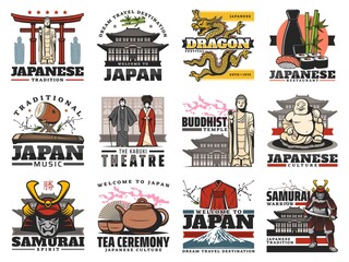 Japan isolated vector icons with Japanese travel landmark, food, culture and religion symbols. Asian sushi, Fuji mountain, tea ceremony and Buddha temple, dragon, samurai, geisha kimono and kabuki