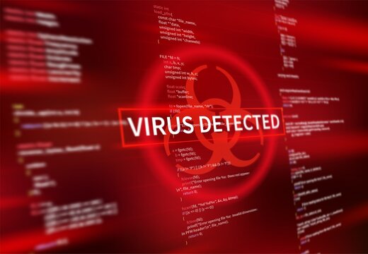 Virus detected warning alert message on computer screen. Cyber security, hacking attack vector background. Firewall alarm, internet antivirus defense, account privacy, ransomware or malware detection