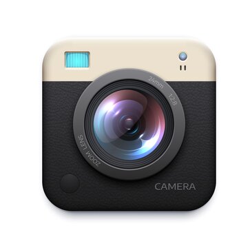 Digital photo camera application icon. Isolated realistic vector social media button. Zoom, snapshot, photocamera graphic element, icon or button of user interface, 3d lens web application