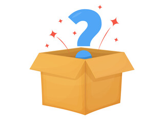 Mystery contest cardboard box with question. Mystery box gift question icon.