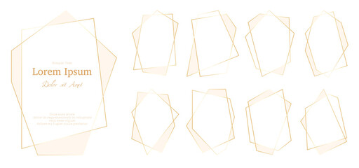 Frame polygonal luxury geometric gold flat set. Elegant label blank wedding invitation template save the date holiday. Decorative boho art deco background border asymmetric shape isolated on white