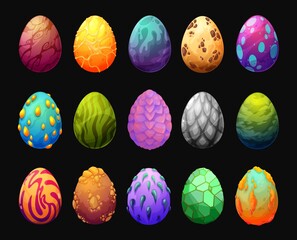 Cartoon dragon eggs game asset. Magic or mythological creature, fantastic dinosaur or reptile color eggs, game user interface element with thorns, spikes, metal and glass scales, gold, hot lava