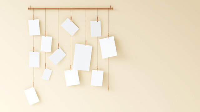 A decoration hanging blank photo card with rose gold wire and clips on empty beige wall. Wedding, Memory, Note, Frame, Mockup. 3D render illustration, Realistic, Background, Backdrop, Pictures, Home