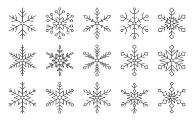 Snowflakes snow xmas symbol thin black line set. Winter element new year decor christmas contour. Linear icon freeze sticker hexagonal shape holiday card invitation weather widget isolated on white