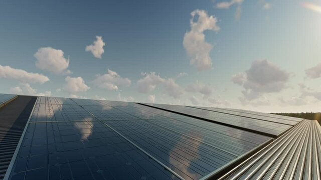 Solar panel on the rooftop with blue sky, time lapse and panning camera,  video ultra HD 4K 3840x2160, 3D animation