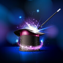 Circus magician top hat and magic wand trick with sparkling light, vector background. Circus show or funfair carnival poster with magician illusionist or wizard cylinder cap and wand with magic shine - obrazy, fototapety, plakaty