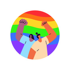 LGBT. Two girls stand under the LGBT rainbow flag during the celebration of Pride Month against Violence, Discrimination, Human Rights Violation. Equality and self-affirmation.