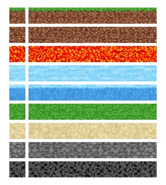 Game cubic pixel textures. Water, ice and ground, stone, grass and sand, lava, coal and magma, granite blocks. Retro computer game level environment design elements asset, vector backgrounds set