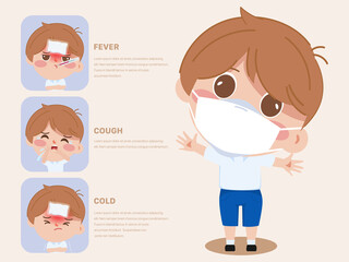 Thai student infographic symptom and protection from covid-19 character. Siam bangkok school thailand safe.