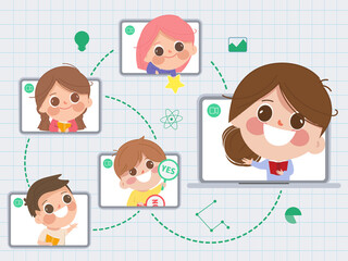 Teacher online school education. Back to school online study with laptop. Cute children cartoon character.