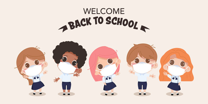 Student Back to school during virus outbreak in new normal. Children wearing a face mask to protection. Cute children cartoon character.
