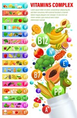 Minerals and multivitamin complex in plastic bottle with vitamins source, vector food colors. Nutrition and diet supplement of vitamins A, C, E and B with minerals in healthy food rainbow source