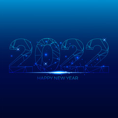 Happy 2022 new year blue number with bright sparkles. Festive premium design template for greeting card, calendar, banner. glowing lights circle on black background. Vector illustration