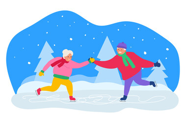 happy senior couple skating on ice rink winter holidays vector illustration