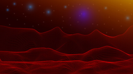 The abstraction image of the atmosphere of planet Mars. Dynamic wave line effects on dark background. © ismed