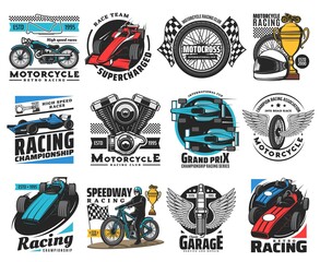 Auto, car and motor racing sport vector icons with motorcycle, open wheel car, kart isolated symbols. Motocross, rally, automobile racing vehicles with race flag, trophy cups, racer helmet and engine - obrazy, fototapety, plakaty