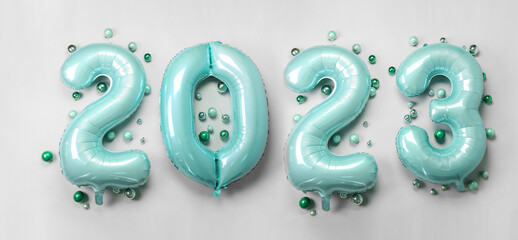 Figure 2023 made of balloons and New Year decor on light background