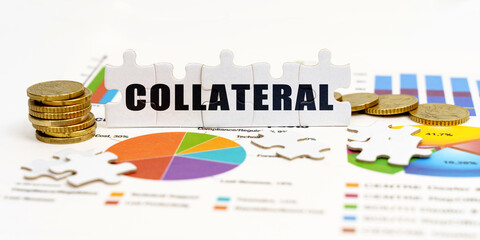 There are coins and puzzles on financial charts with the inscription - COLLATERAL