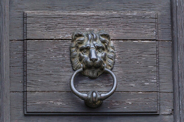 Close-up of an antique lion door knocker